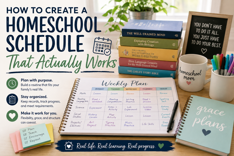 Homeschool weekly planning desk with books, planner, and organization tools for creating a homeschool schedule that works