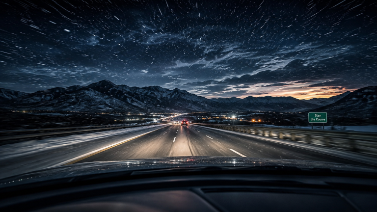Nighttime winter road trip through mountains in heavy snow