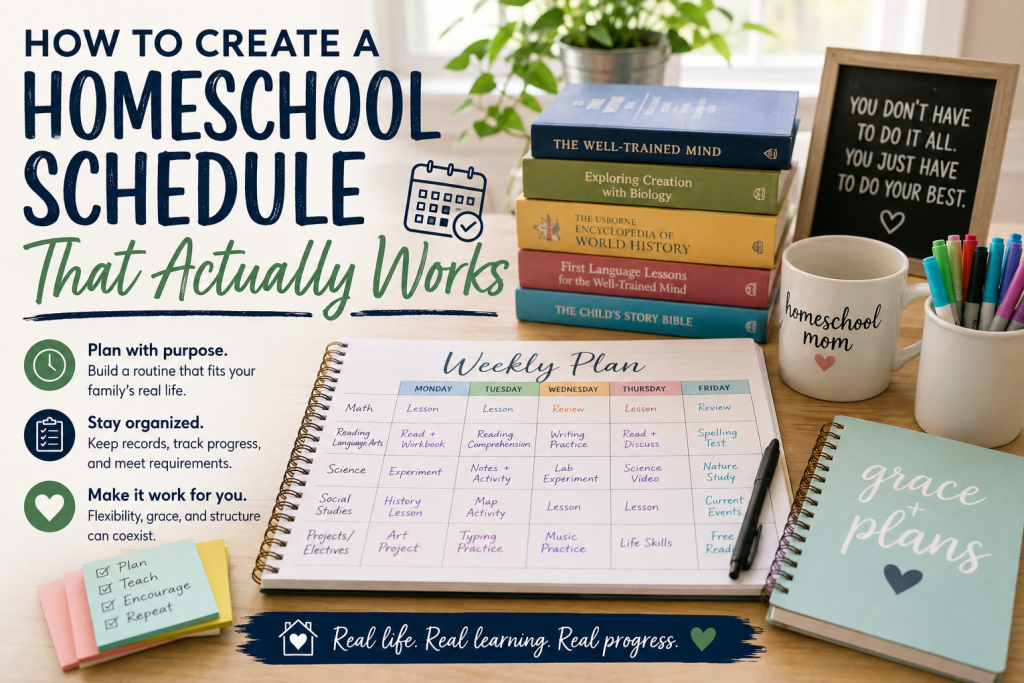 Build a homeschool schedule that works in real life with practical tips for planning, flexibility, organization, and keeping your homeschool on track.