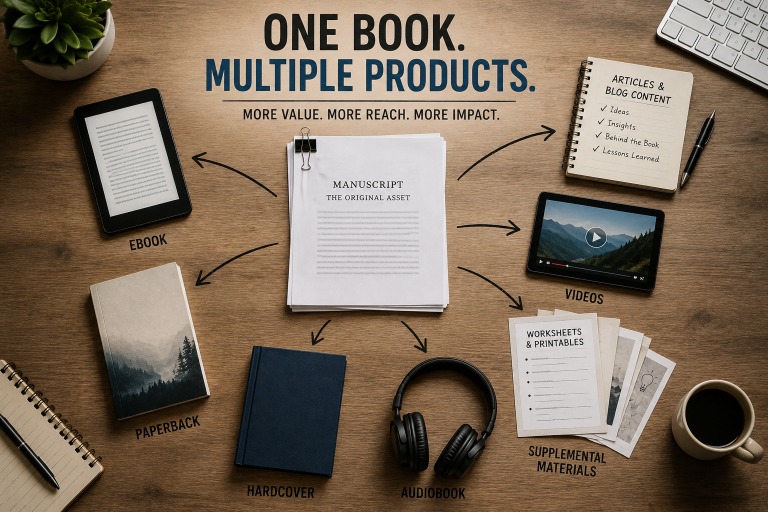 One book becoming multiple products including ebook, paperback, hardcover, audiobook, articles, videos, and supplemental materials
