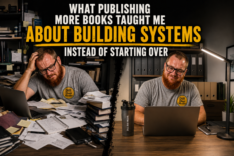 Christopher Dill showing the difference between publishing chaos and an organized publishing system