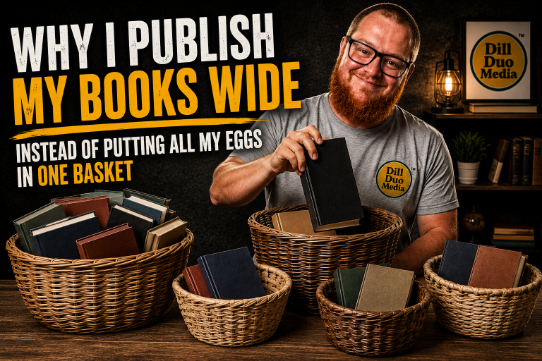 Christopher Dill placing books into several baskets to represent publishing books wide instead of relying on one retailer