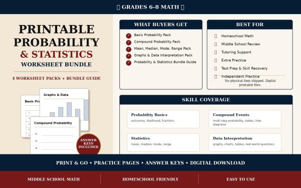 Probability Statistics Worksheet Bundle Grades 6-8 | Middle School Math Practice (Digital Download)
