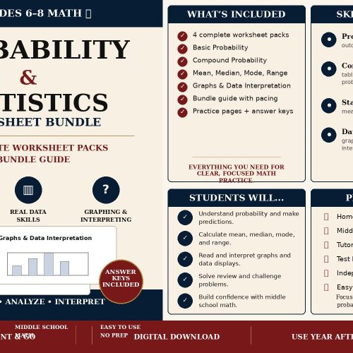 Probability Statistics Worksheet Bundle Grades 6-8 | Middle School Math Practice (Digital Download)