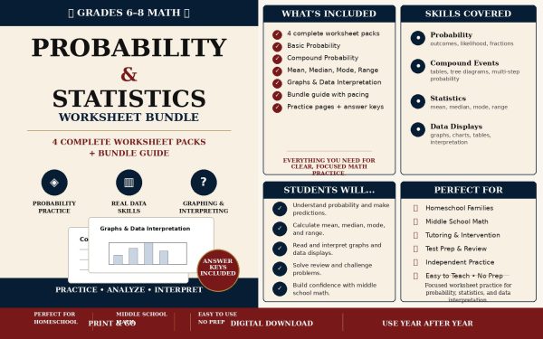 Probability Statistics Worksheet Bundle Grades 6-8 | Middle School Math Practice (Digital Download)