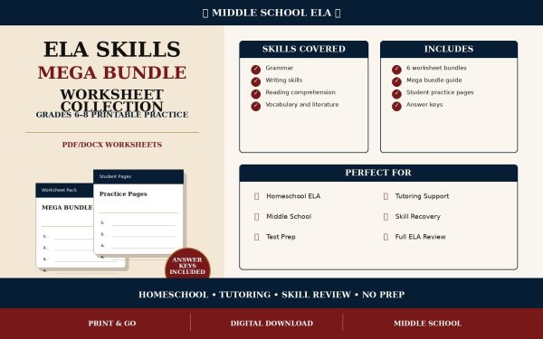 Middle School ELA Skills Mega Bundle | Grades 6-8 Grammar, Writing, Reading (Digital Download)