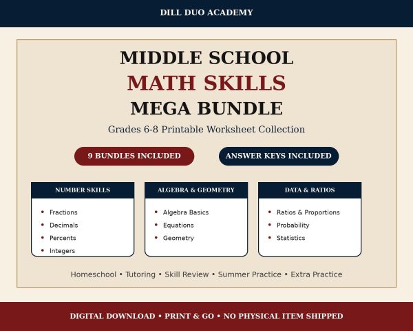 Middle School Math Skills Mega Bundle | Grades 6-8 Worksheets (Digital Download)