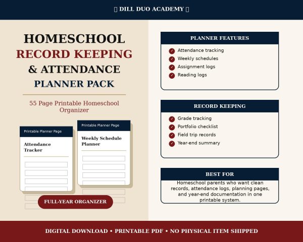 Homeschool Record Keeping & Attendance Planner | 55 Page Printable Homeschool Organizer PDF
