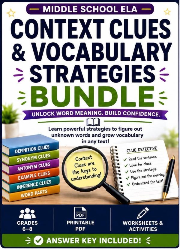 Context Clues & Vocabulary Strategies Bundle | Middle School ELA Printable PDF, Grades 6-8 Reading Skills