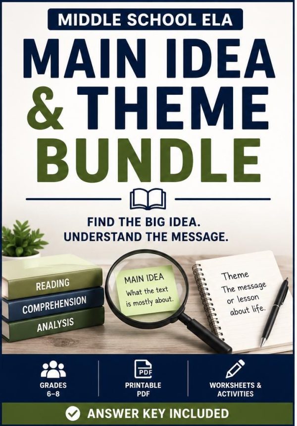 Main Idea & Theme Bundle | Middle School ELA Printable PDF, Grades 6-8 Reading Comprehension