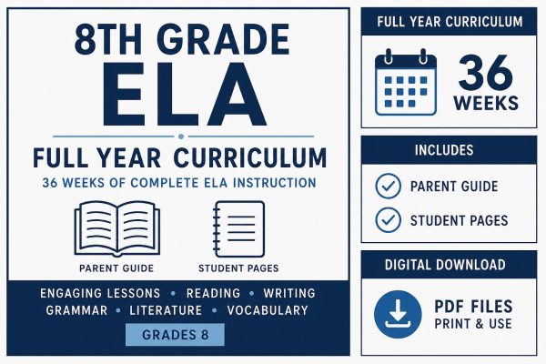 8th Grade ELA Full Year Curriculum | 36 Week Homeschool Language Arts Printable PDF Bundle