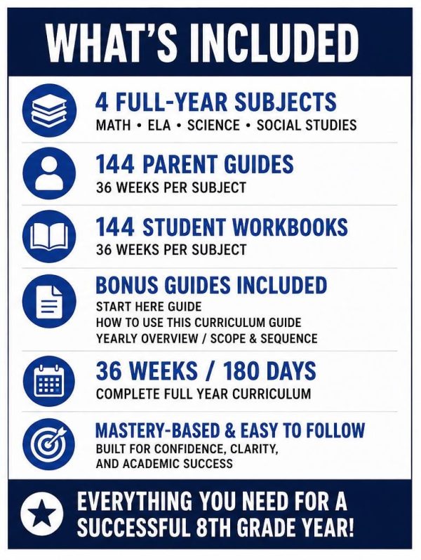 8th Grade Homeschool Curriculum Bundle | Full Year Math, ELA, Science, Social Studies (Printable PDF)