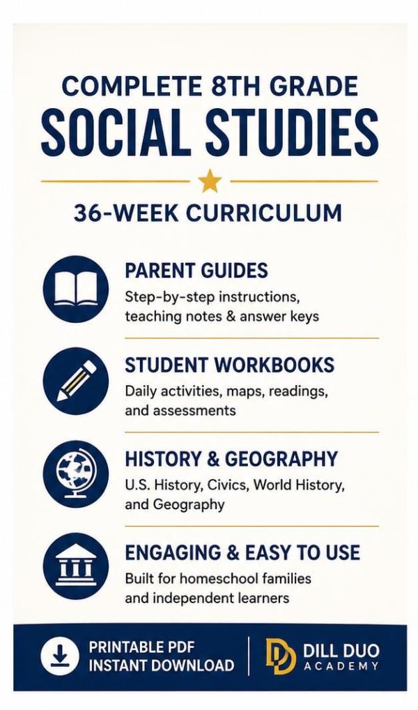 8th Grade Homeschool Curriculum Bundle | Full Year Math, ELA, Science, Social Studies (Printable PDF)