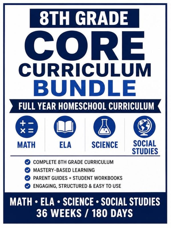 8th Grade Homeschool Curriculum Bundle | Full Year Math, ELA, Science, Social Studies (Printable PDF)
