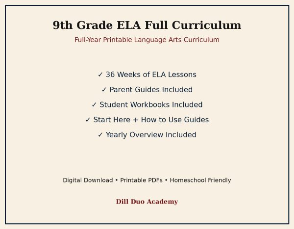 9th Grade ELA Full Curriculum | Full-Year Homeschool Language Arts Printable PDF