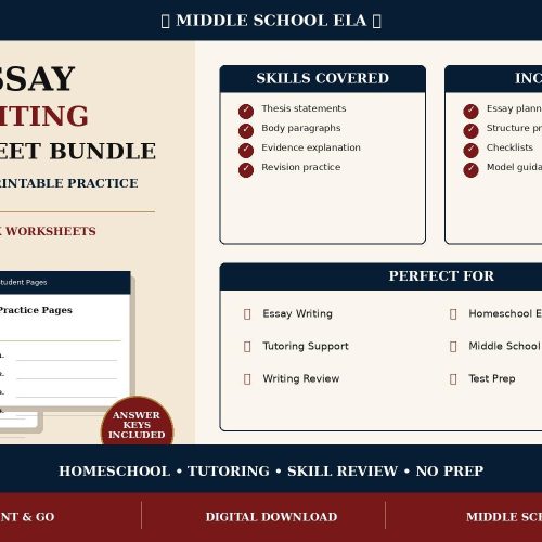 Middle School Essay Writing Worksheet Bundle | Grades 6–8 Printable PDF, Homeschool ELA Writing