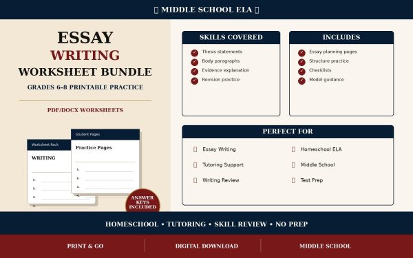 Middle School Essay Writing Worksheet Bundle | Grades 6–8 Printable PDF, Homeschool ELA Writing