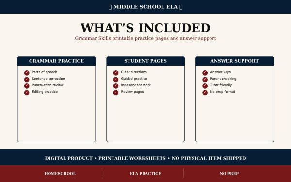 Middle School Grammar Skills Worksheet Bundle | Grades 6–8 Printable PDF, Homeschool ELA Practice