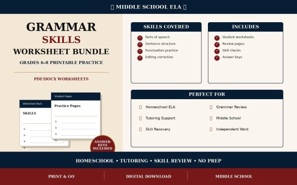 Middle School Grammar Skills Worksheet Bundle | Grades 6–8 Printable PDF, Homeschool ELA Practice