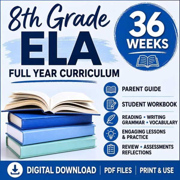 8th Grade ELA Full Year Curriculum | 36 Week Homeschool Language Arts Printable PDF Bundle