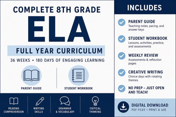 8th Grade Homeschool Curriculum Bundle | Full Year Math, ELA, Science, Social Studies (Printable PDF)