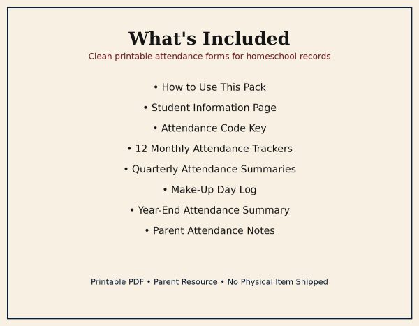 Homeschool Attendance Tracker Pack | Printable Record Keeping Forms (Digital Download)