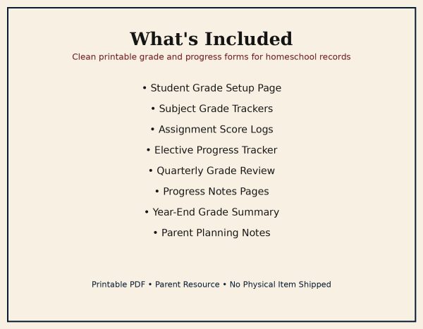 Homeschool Grade Book & Progress Tracker Pack (Digital Download)