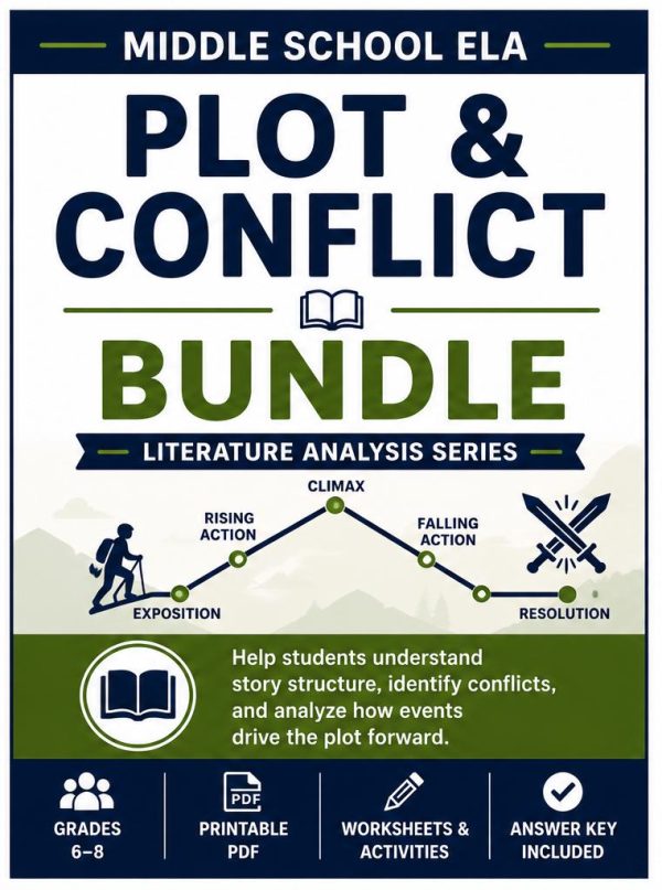 Plot & Conflict Bundle | Middle School ELA Worksheets | Grades 6–8 Printable PDF