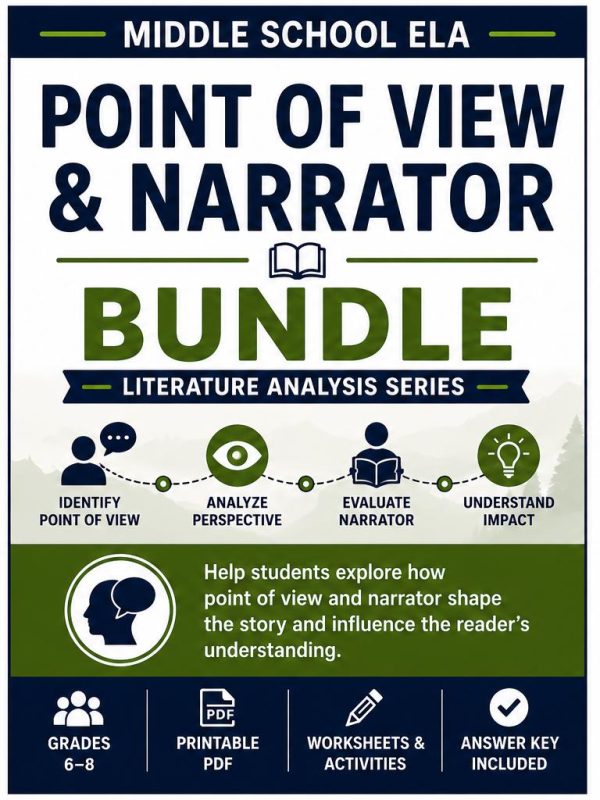 Point of View & Narrator Bundle | Middle School ELA Worksheets | Grades 6–8 Printable PDF