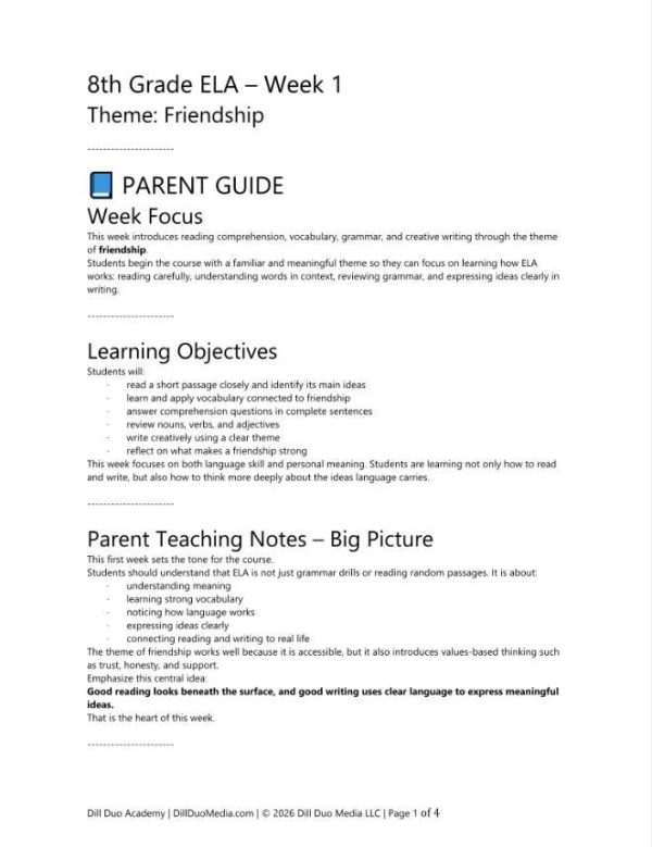 8th Grade ELA Full Year Curriculum | 36 Week Homeschool Language Arts Printable PDF Bundle